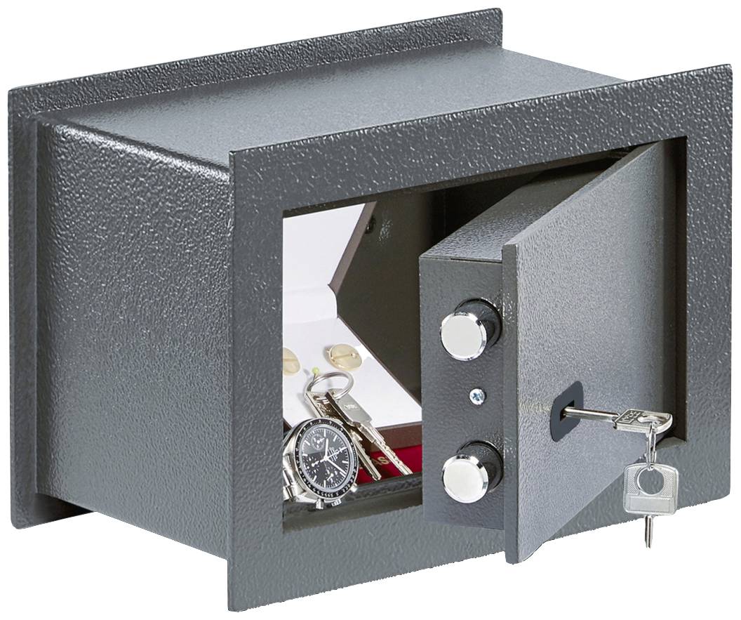An open safe containing jewellery, a watch and keys reveals secure storage of valuables.