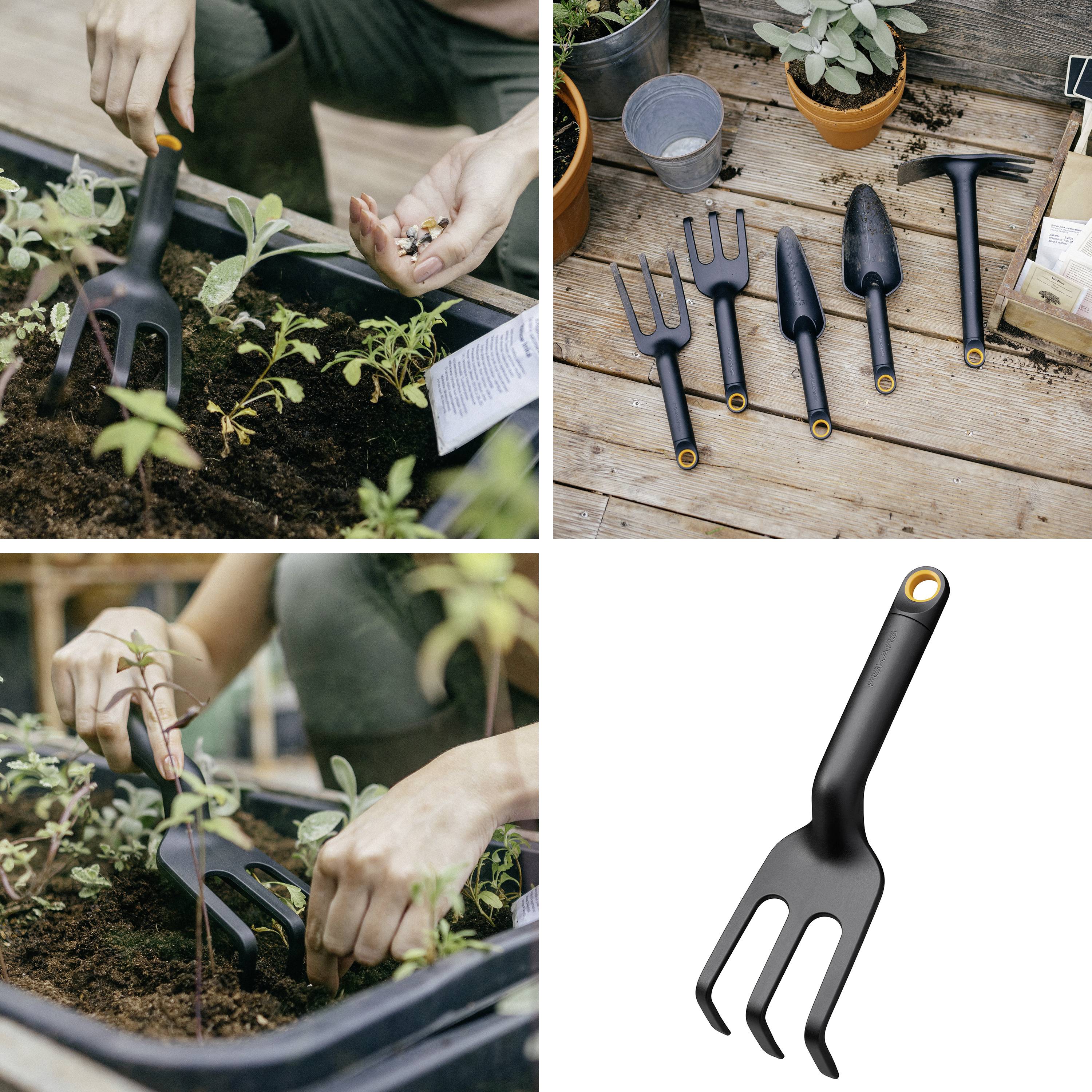 A person is planting seedlings in a garden bed, with gardening tools nearby. Single image of a handheld tool. Context: Outdoor gardening.