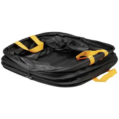 Black, foldable carry bag with orange handles, lying open on the floor. Ideal for transport or storage.