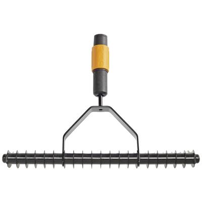 Garden tool with a black handle and orange detail, used for aerating or loosening soil.