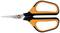Scissors with orange handles on a white background, straight and open; used for cutting paper or fabric.