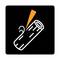 A pictogram shows a saw cutting through a wooden log. The background is black, the saw is orange, and the log is white.