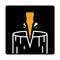 An orange wedge splits a tree trunk in a stylised symbol on a black background.