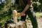 A person is splitting a piece of wood with an axe in a wooded area.