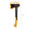 Axe with orange-black head and handle. Total length 47.7 cm, head length 19.4 cm. Suitable for chopping wood.