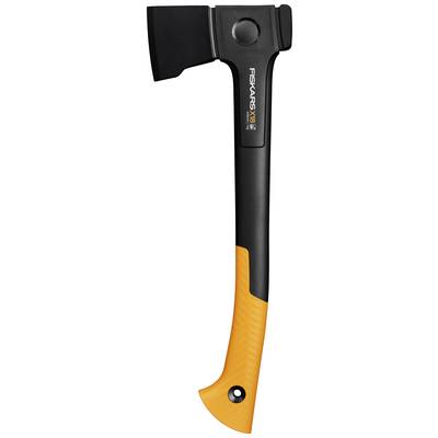 Axe with a black head and orange handle, Fiskars X10 brand.