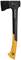 Axe with a black head and orange handle, Fiskars X10 brand.