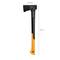Axe with a black head and orange handle, 60 cm long and 16.5 cm wide at the head. Suitable for woodworking.