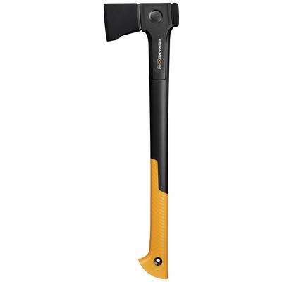 A black axe with an orange handle, suitable for splitting wood.