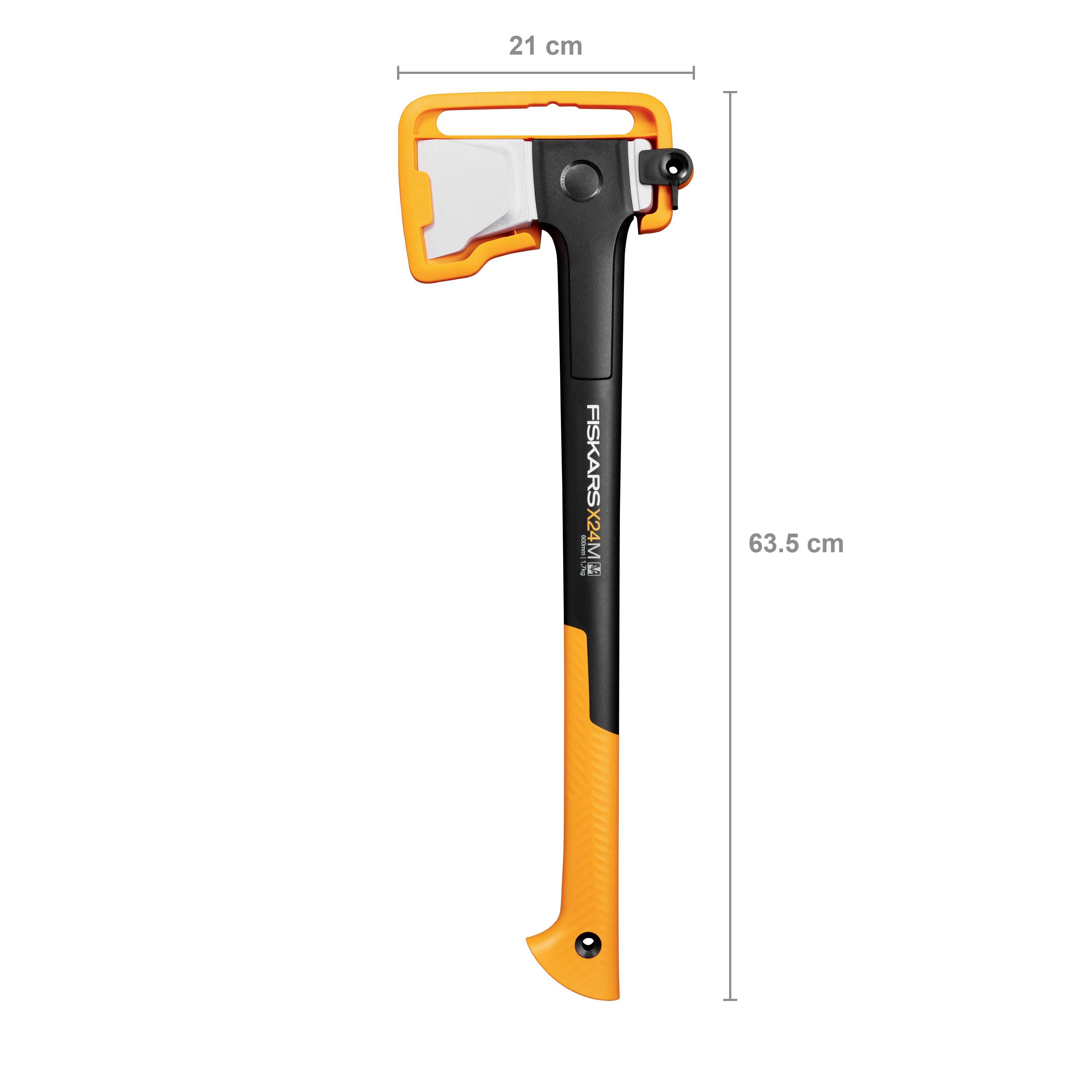 Axe with an orange handle and black end, 63.5 cm long. Blade 21 cm wide. Brand 'Fiskars'.