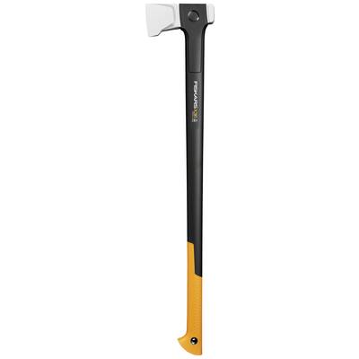 An axe with a black handle and an orange grip. The blade is silver and flat-shaped.