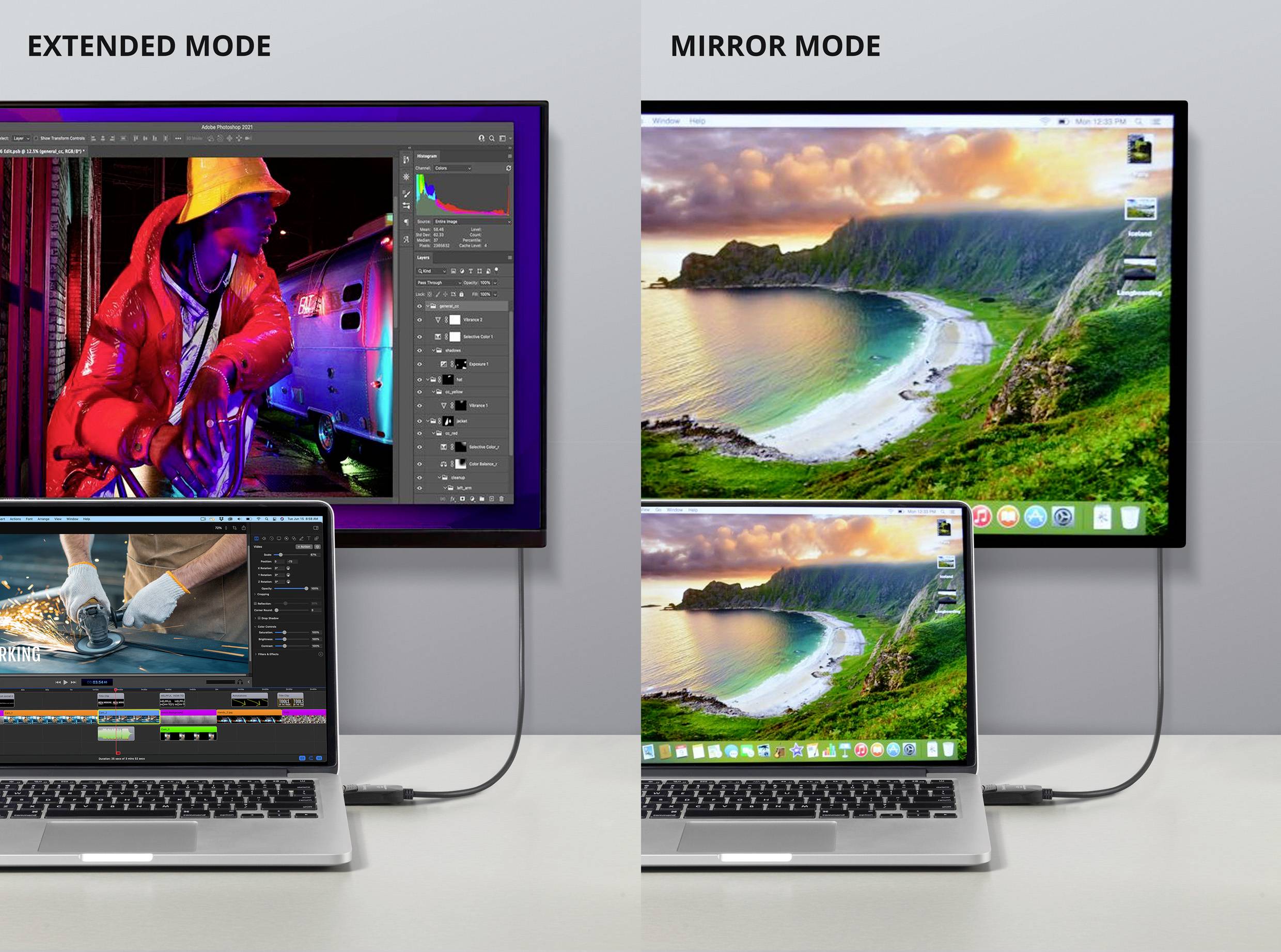 'Two screen settings: On the left, 'Extended Mode' with design software, on the right, 'Mirror Mode' with landscape photograph on laptop and monitor.'
