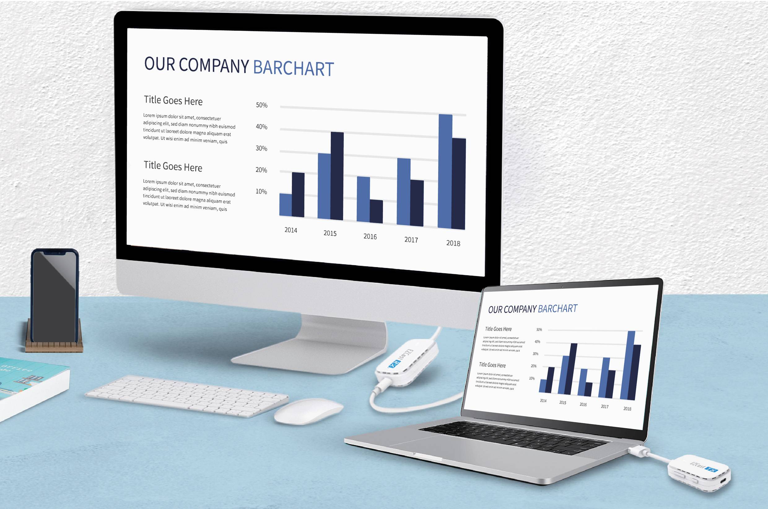 Two screens display a bar chart titled 'Our Company Barchart'. Bars show sales data from 2014 to 2018.