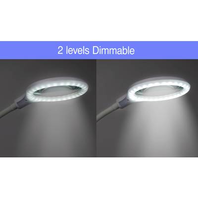 Two dimmable light levels in comparison: left with dimmed light, right with brighter light. Text above '2 levels Dimmable'.