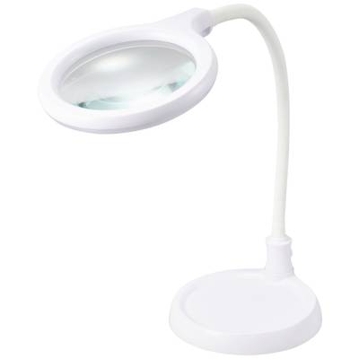 White desk magnifying glass with flexible arm and large round lens, perfect for enlarging small details during close-up work.