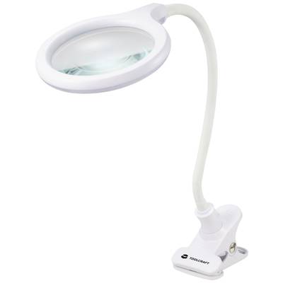A white clip-on lamp with a magnifying lens and flexible neck, suitable for precision work. 'TOOLCRAFT' marking on the base.