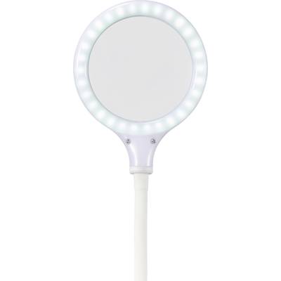 White hand mirror with a round, illuminated frame and handle. Suitable for detailed examination due to the LED lighting.