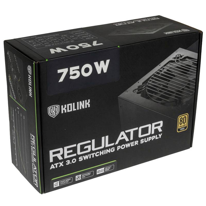 Black packaging of a Kolink power supply with the inscription '750W' and 'REGULATOR ATX 3.0 SWITCHING POWER SUPPLY'.