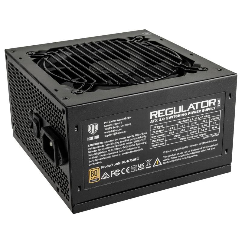 Black computer power supply unit with fan front and side 'REGULATOR PRO' emblem. Technical specifications and connections visible.