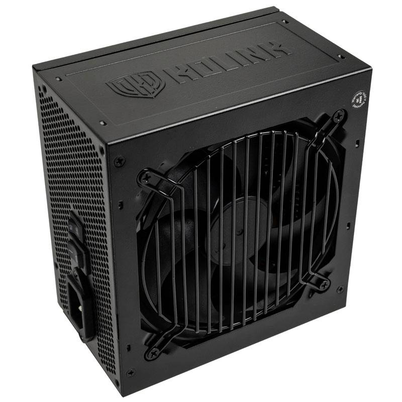 Black PC power supply with fan and protective grille, rectangular shape, brand logo on the top. Primarily for PC power supply.