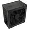 Black PC power supply with fan and protective grille, rectangular shape, brand logo on the top. Primarily for PC power supply.