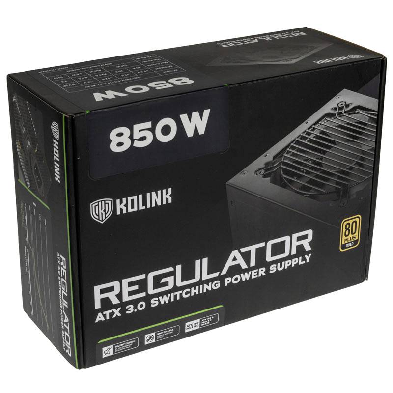 Black packaging of a Kolink ATX 3.0 switching power supply with 850 W output and 80 Plus Gold certification.