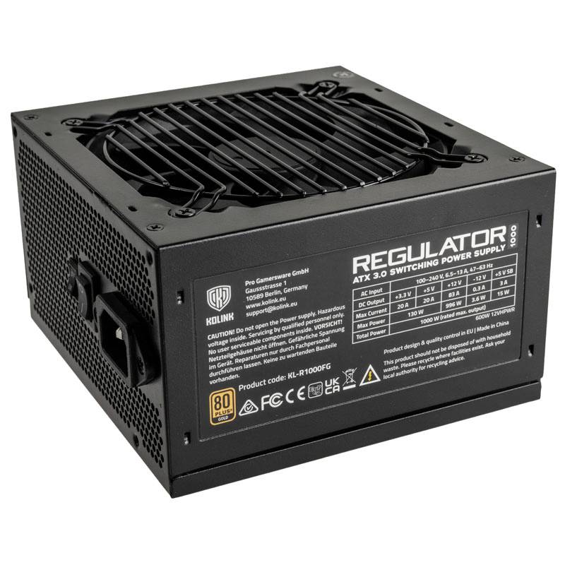 A black computer power supply unit with a fan grille and technical specification on the side. Model: 'Regulator 1000'.