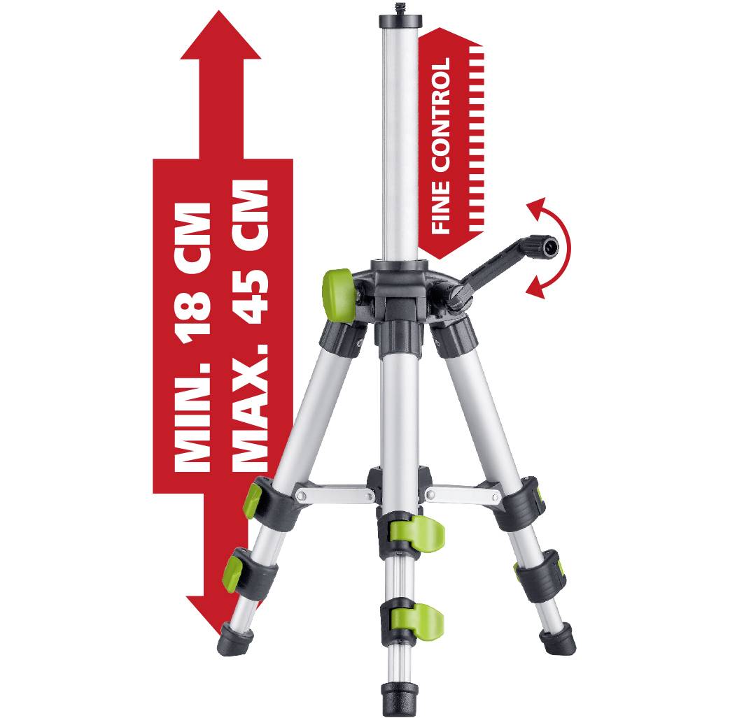 An adjustable aluminium tripod with green locks, height ranging from 18 cm to 45 cm. Includes a lever for fine adjustment.