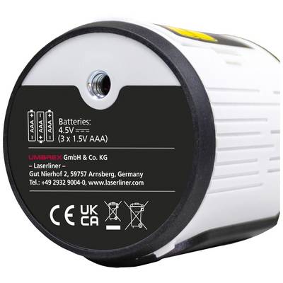 Back of cylinder with battery information: '3 x 1.5V AAA, 4.5V'. Contact details for Umarex GmbH & Co. KG, Germany. Symbols for CE, UKCA, and waste bin.