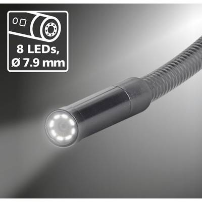 Close-up of a flexible endoscope with 8 LEDs and a diameter of 7.9 mm, suitable for narrow inspection areas.