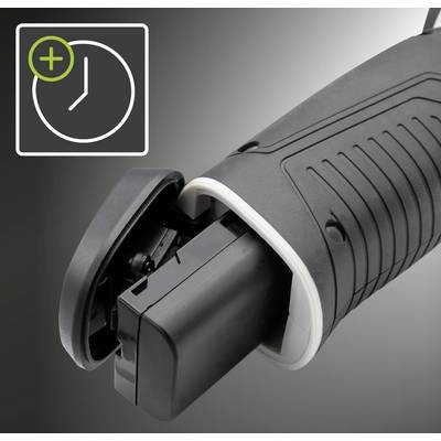 Cordless drill with a removable battery and symbol indicating long battery life.