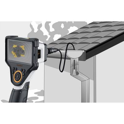 An inspection device examines a gutter with a camera that indicates damage or blockages.