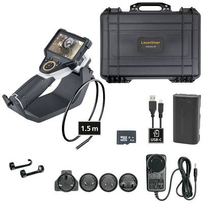 A portable endoscope with accessories: screen, USB cable, SD card (4 GB), carry case, 1.5 m cable, adapter, battery pack. Ideal for inspection.