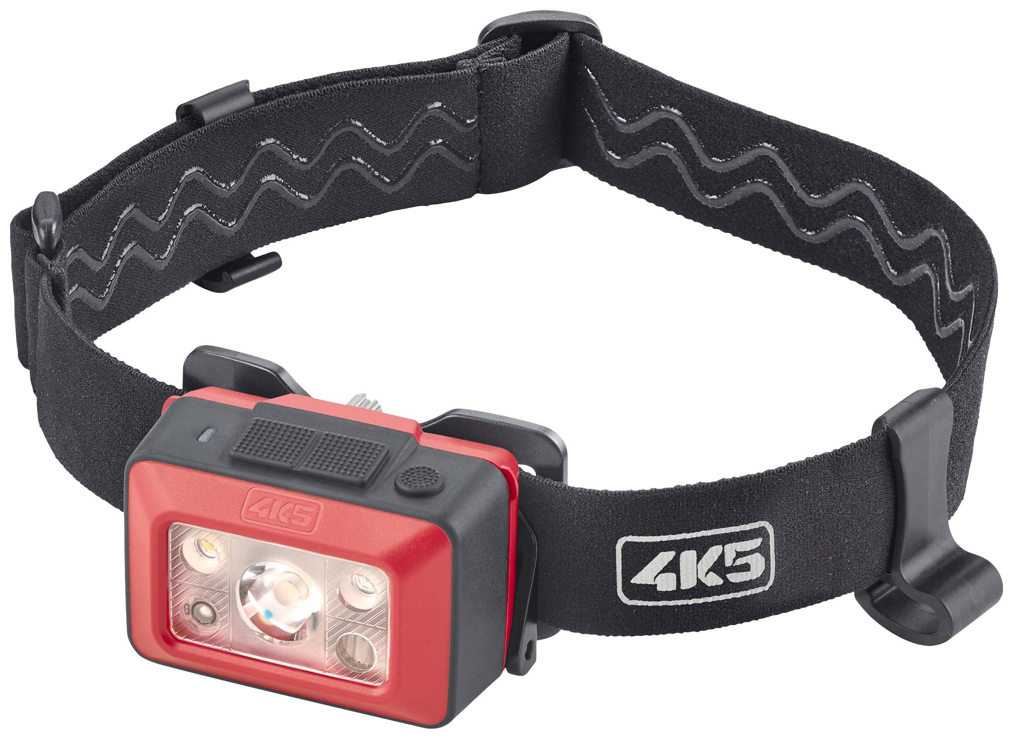 Head torch with a red casing and an elastic, black headband. Two large and one small LED light point visible.