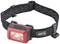 Head torch with a red casing and an elastic, black headband. Two large and one small LED light point visible.