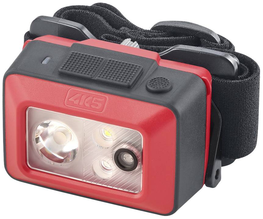 Red head torch with black elastic band, square housing and two round LED lenses on the front.
