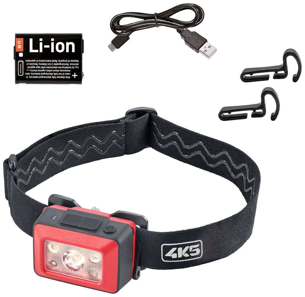 A red head torch with an elastic headband, two hooks, a USB charging cable, and a Li-Ion battery. Perfect for outdoor activities.