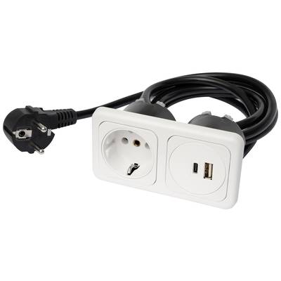 Black power cable with plug adapter: on the left a Schuko socket, on the right USB-A and USB-C connections.