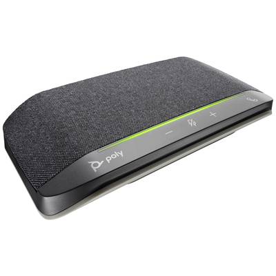 A rectangular, flat conference speaker with fabric covering and control panel. Includes buttons for volume, microphone, and power.