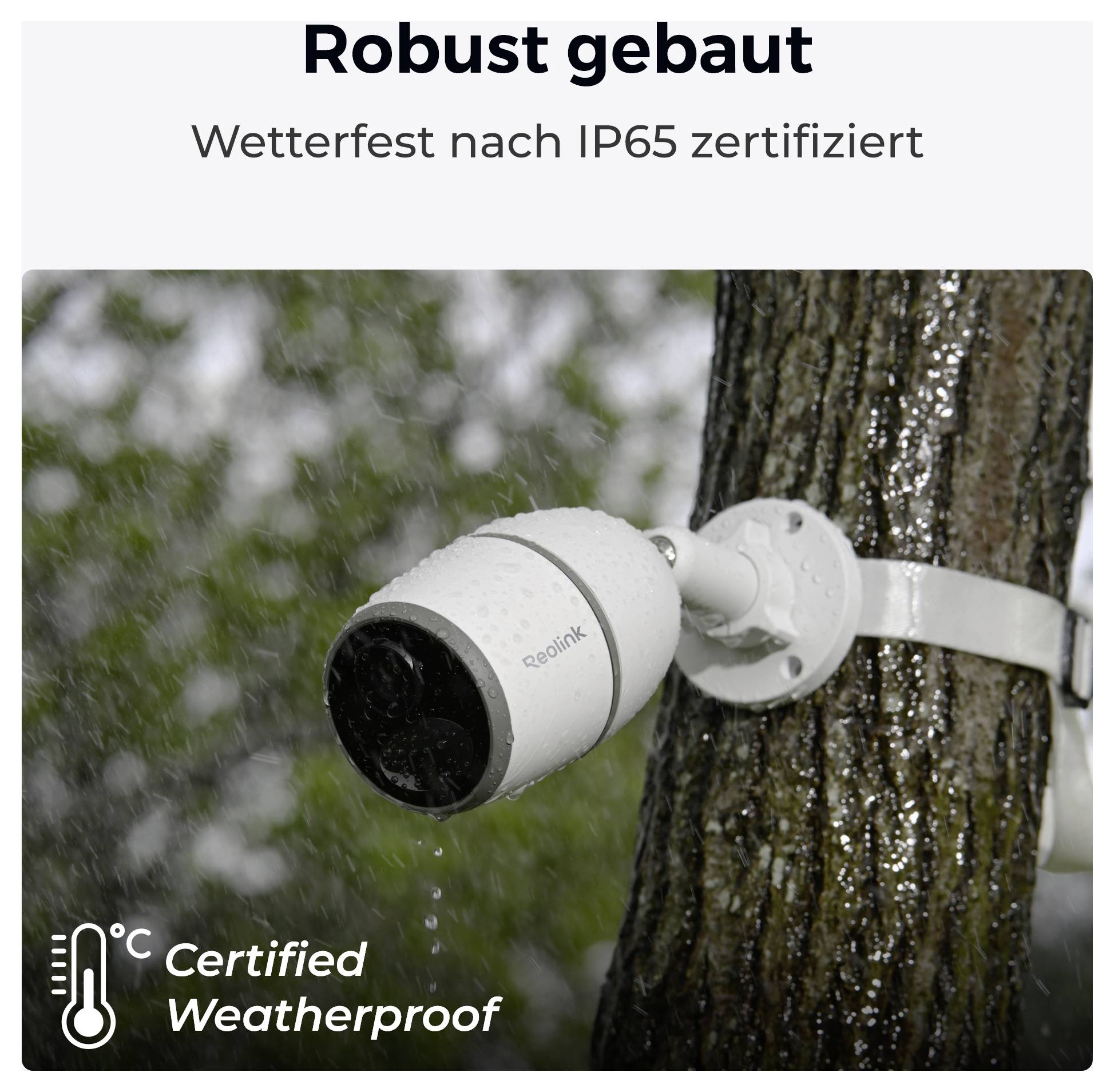 Security camera mounted on a tree in the rain, labeled 'robust gebaut' and 'wetterfest nach IP65 zertifiziert', indicating weatherproof certification.