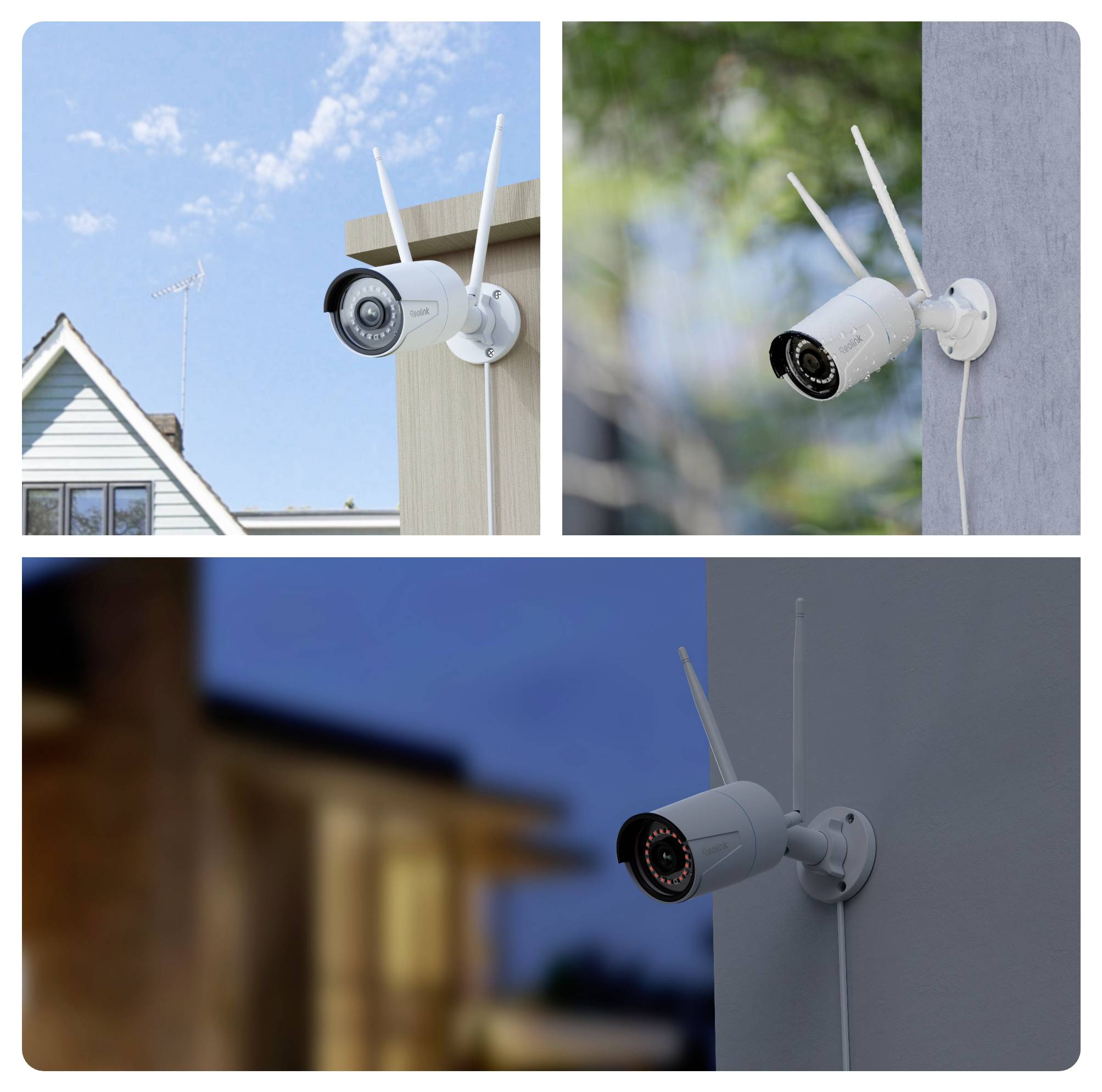 Three security cameras are mounted outdoors in different locations: a wooden wall, a concrete surface, and another structure, all with antennas.