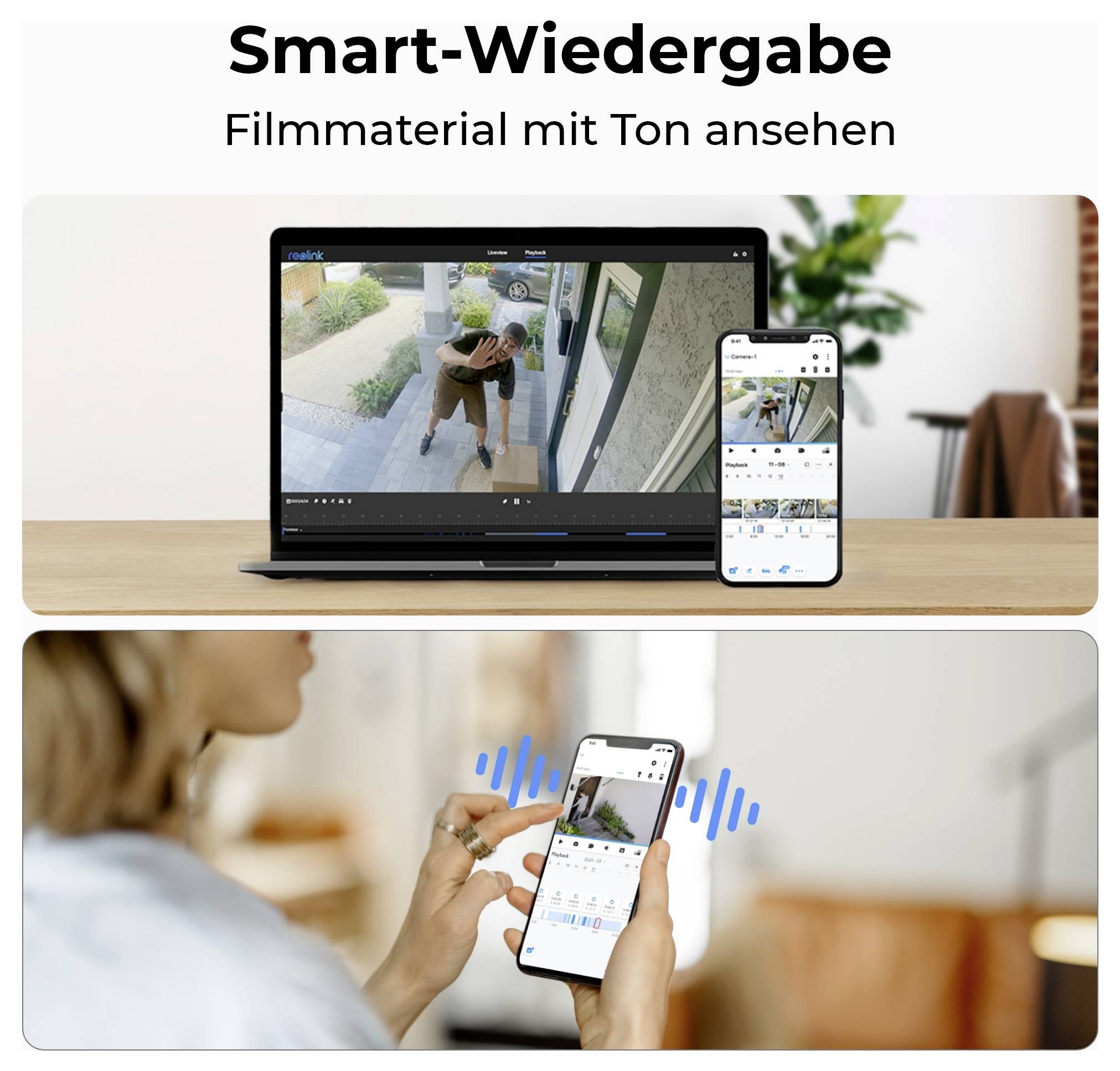 'Smart-Wiedergabe: Filmmaterial mit Ton ansehen.' A person views security footage on a laptop and smartphone, indicating remote monitoring.
