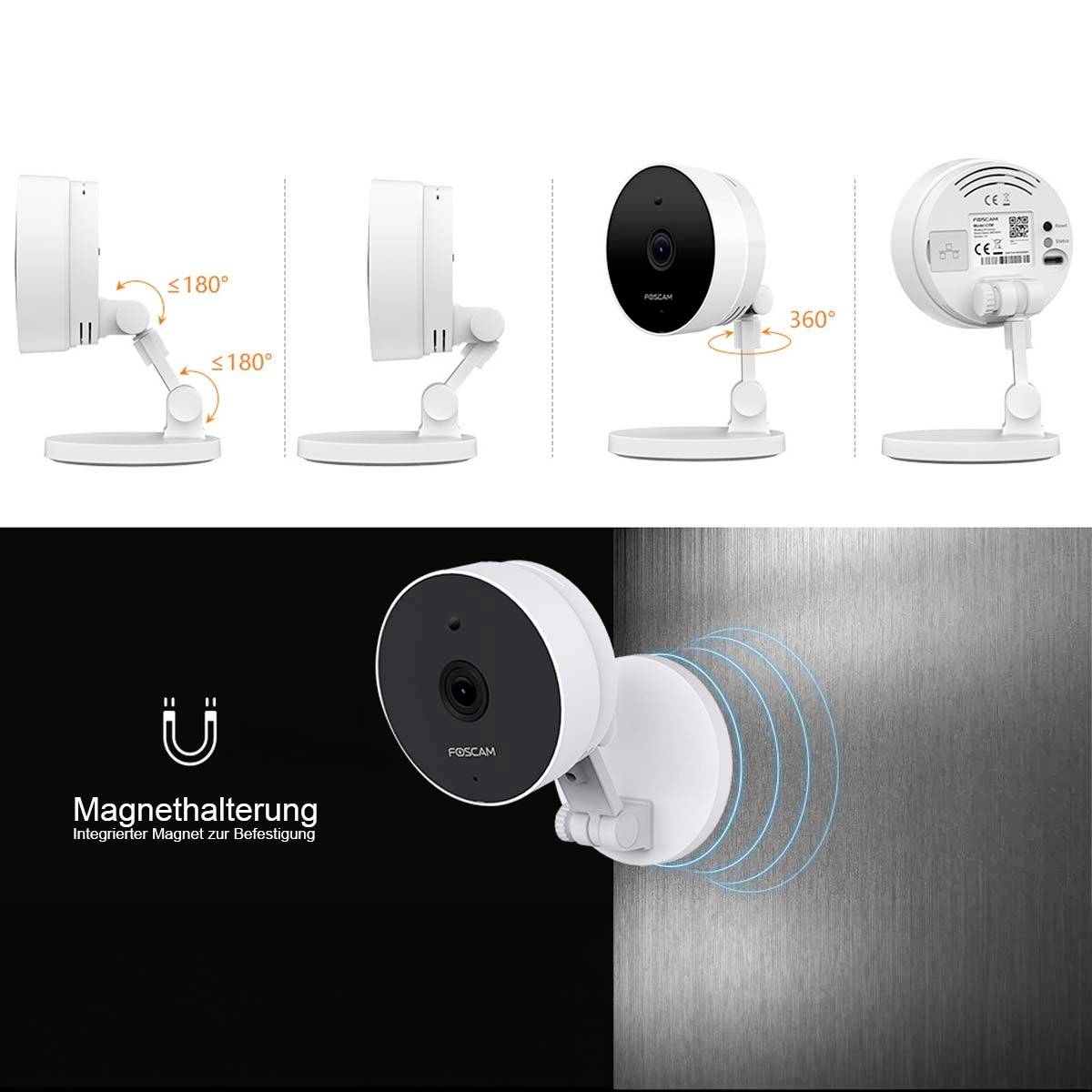 The image depicts a security camera with a flexible pan and tilt angle and magnetic mounting, ideal for versatile installation.