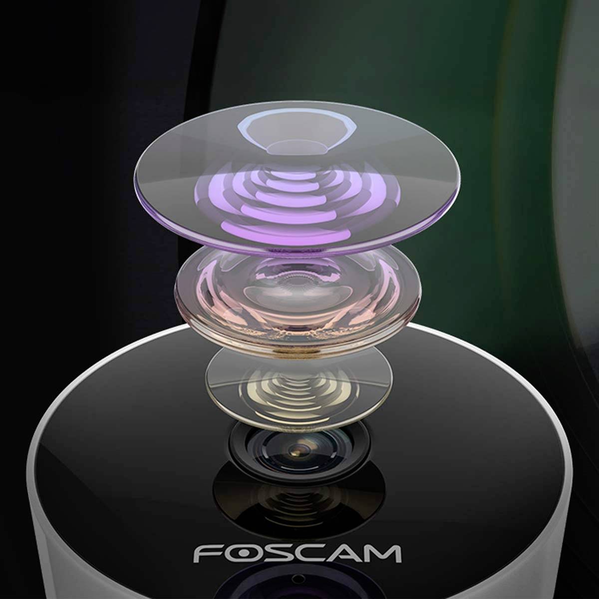 A multi-layered lens hovers over a cylindrical device inscribed with 'Foscam', symbolising modern camera technology.