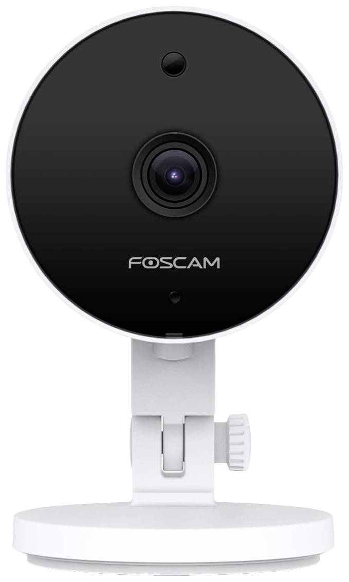 Security camera by Foscam viewed from the front, mounted on a white stand.