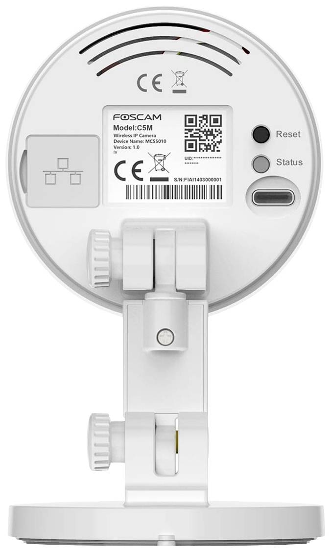 Back of a white surveillance camera with CE mark and model information printed on it. Includes QR code and reset button.