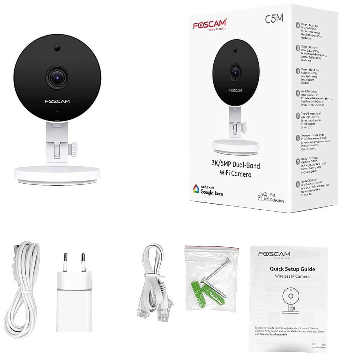 Camera with a round lens on a white stand, next to packaging labelled 'Dual-Band WiFi Camera'. Accessories and setup instructions are shown.