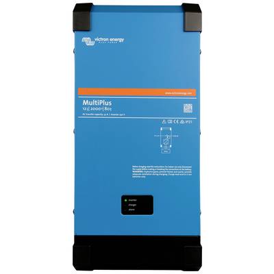Blue casing of an electrical device with the inscription 'MultiPlus'. Victron Energy brand. Displays battery and charging information.