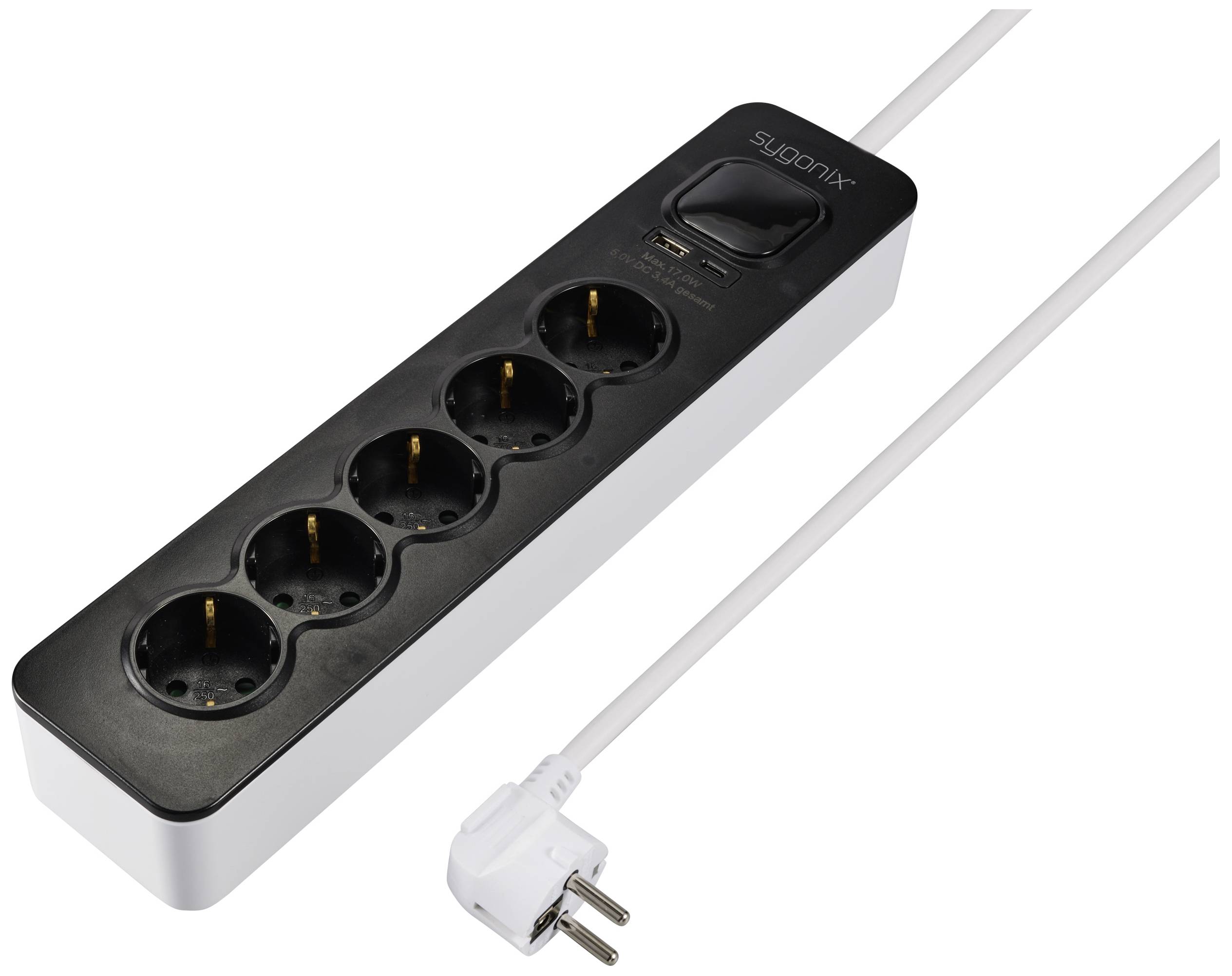 Sygonix SY-6118234 Power strip (+ switch) 5x Black, White PG connector 1 pc(s)