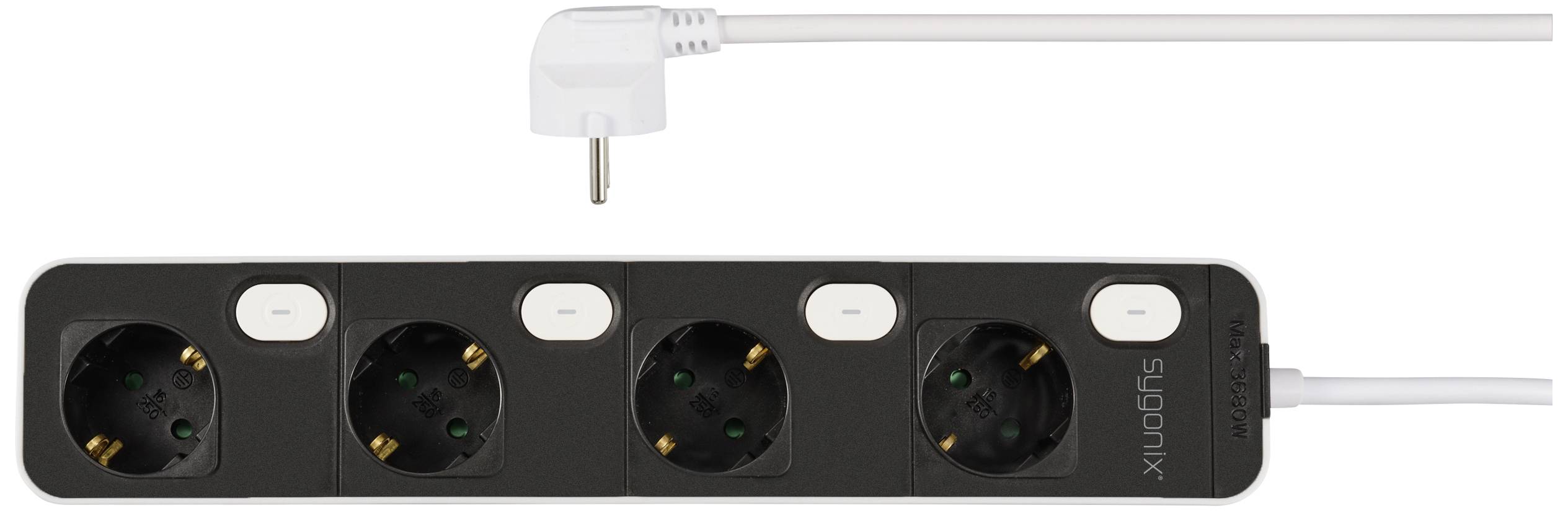 Black power strip with four sockets and integrated switch, connected to a white cable with an angled plug.